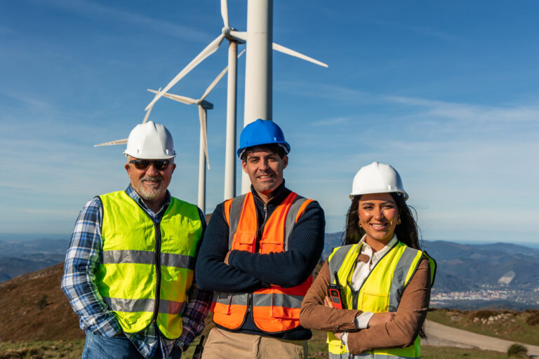 Engineers posing with arms crossed in front of wind turbines on sunny day